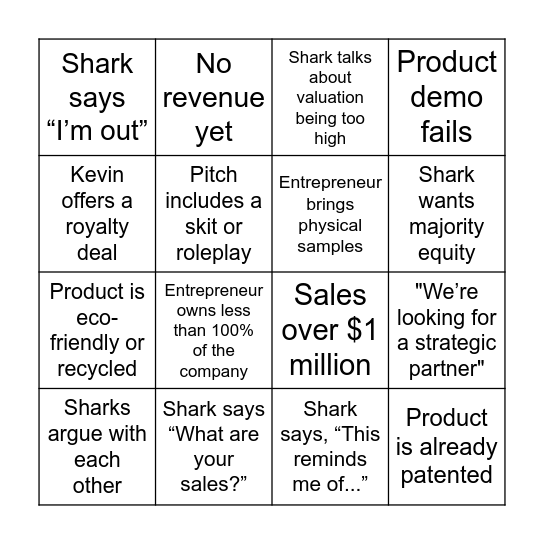 SHARK TANK BINGO Card