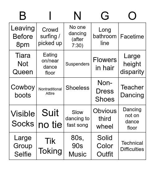 Prom Bingo 2025 Bingo Card