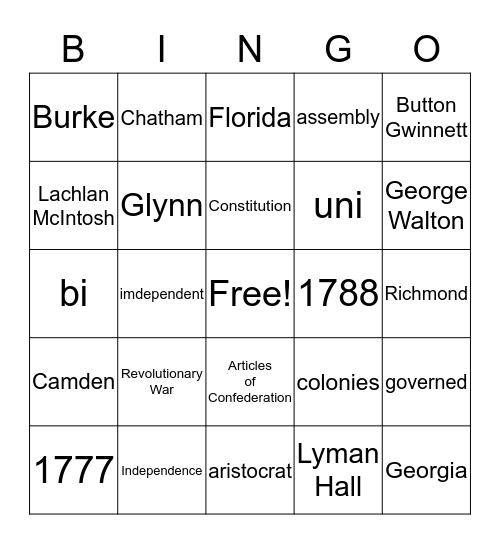 GA History Bingo Card