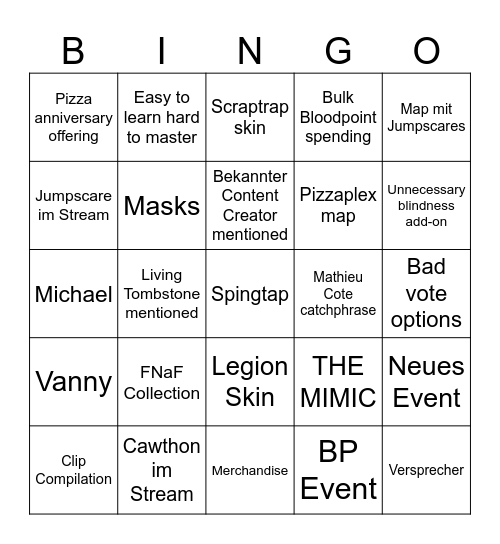 FNaFington Bingo Card