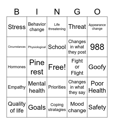 Mental Health Bingo Card