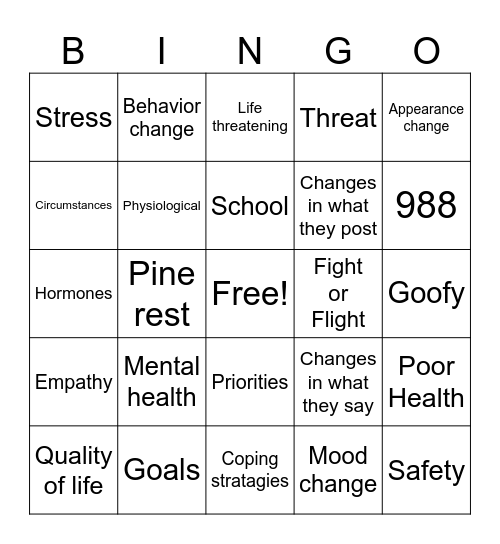 Mental Health Bingo Card
