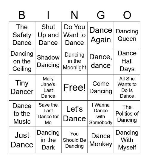 DANCE music bingo Card