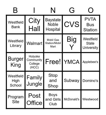 Westfield Community BINGO Card