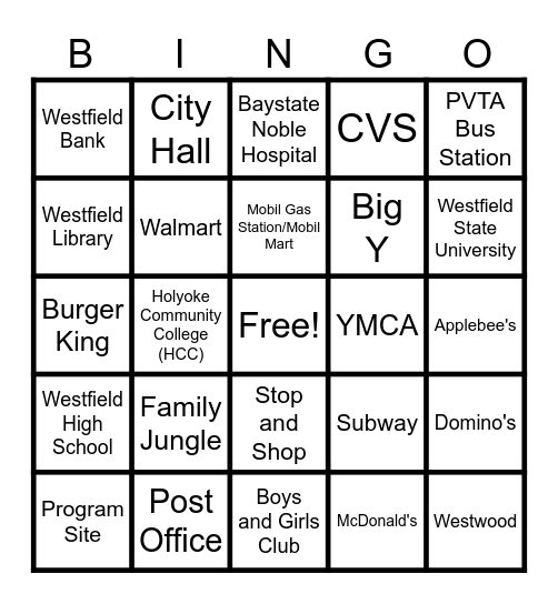 Westfield Community BINGO Card