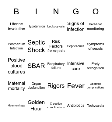 Maternity Sepsis Bingo Card