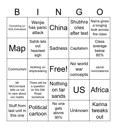 Social Studies Unit Exam AP Bingo Card
