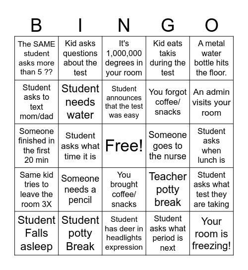 Exam Proctoring Bingo Card