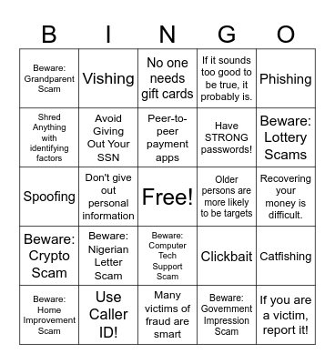 Scam Bingo Card