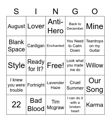 Taylor Swift Bingo Card