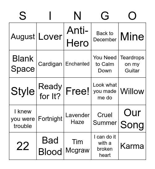 Taylor Swift Bingo Card