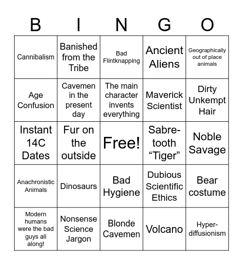 Caveman Movie Bingo Card
