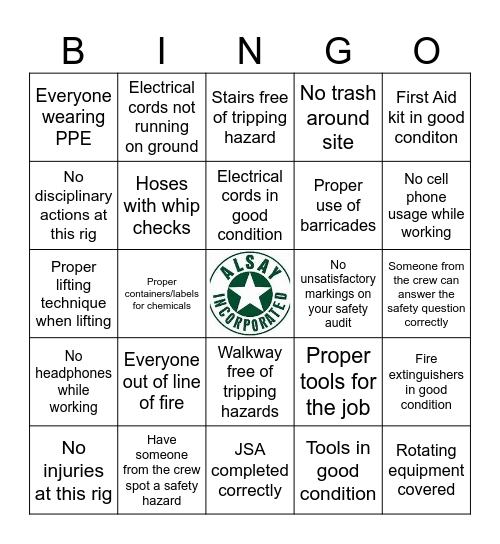 Safety Bingo Card