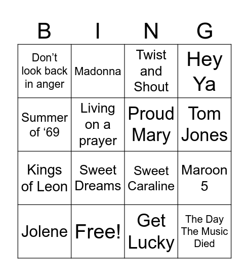 Cover Band Songs/Artists Bingo Card
