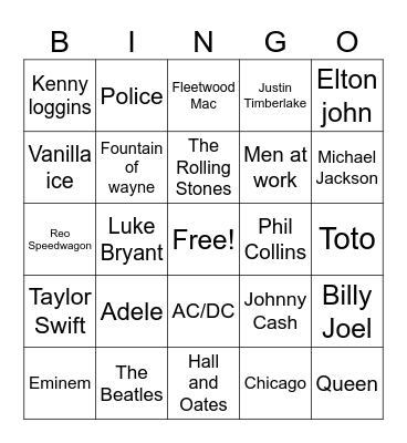 Music Artist Bingo Card