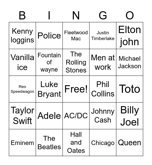 Music Artist Bingo Card