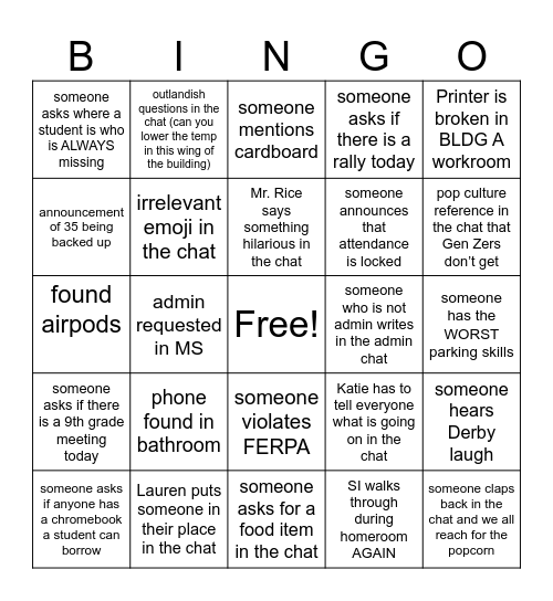 NYOB (Not Your Ordinary Bingo) Bingo Card