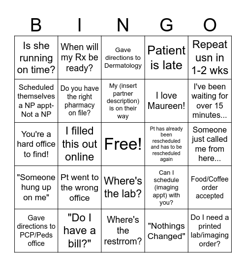 AAOG Reception BINGO Card
