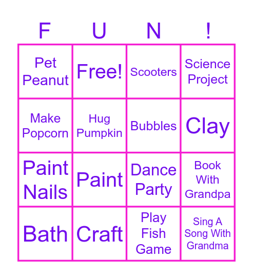Grandpa & Grandma Fraser Bingo Card