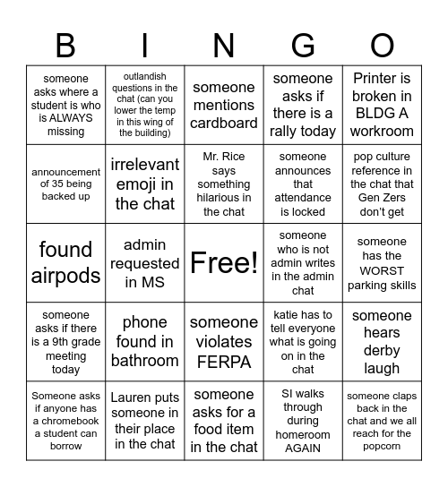 NYOB (Not Your Ordinary Bingo) Bingo Card