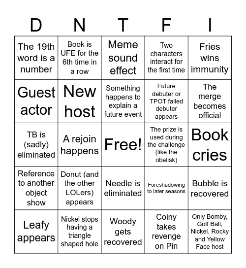 Toppat Kid's BFDIA 19 Bingo Card