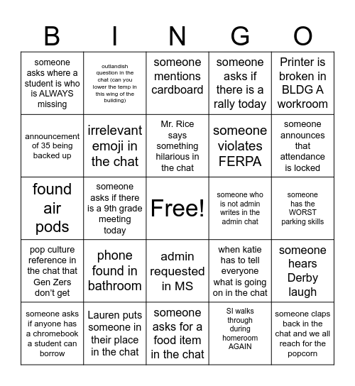 NYOB Bingo Card