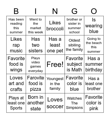 All About Me Bingo Card