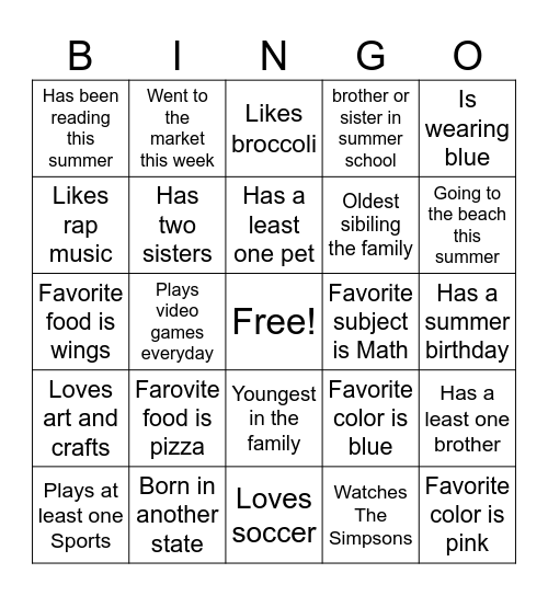 All About Me Bingo Card