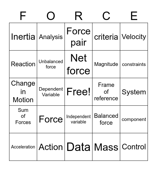 Forces and Motion Bingo Card