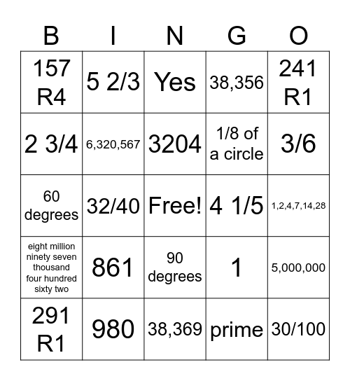 Math Review BINGO Card