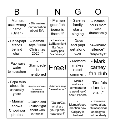 Family supper 2025 Bingo Card
