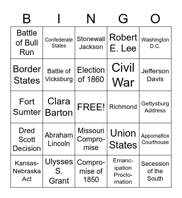 Civil War Bingo Card