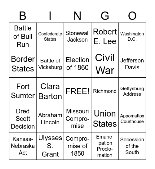 Civil War Bingo Card