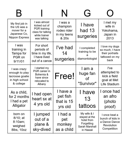 Casualty Connections Bingo Card