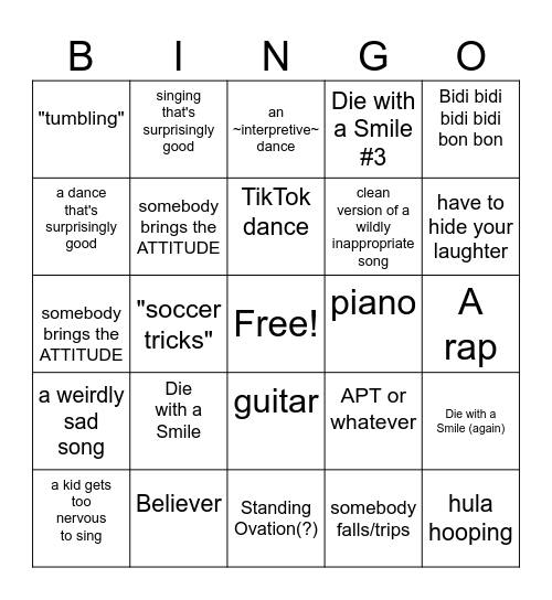 Talent Show Bingo Card