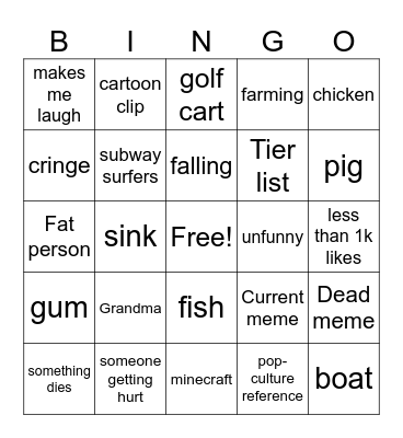 YT Shorts Bingo Card