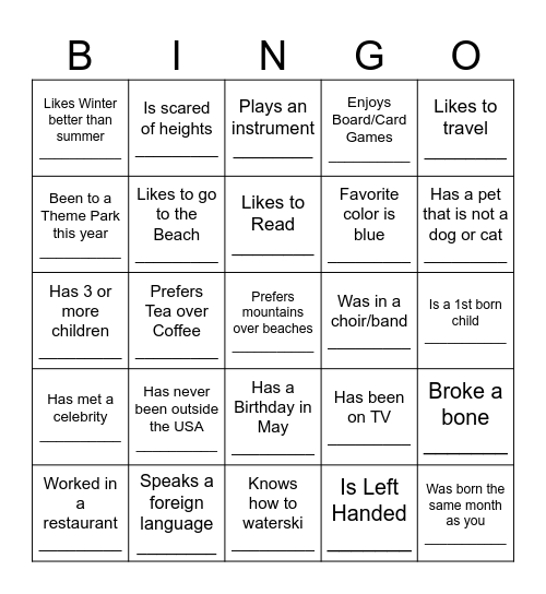 Get to Know You Bingo Card