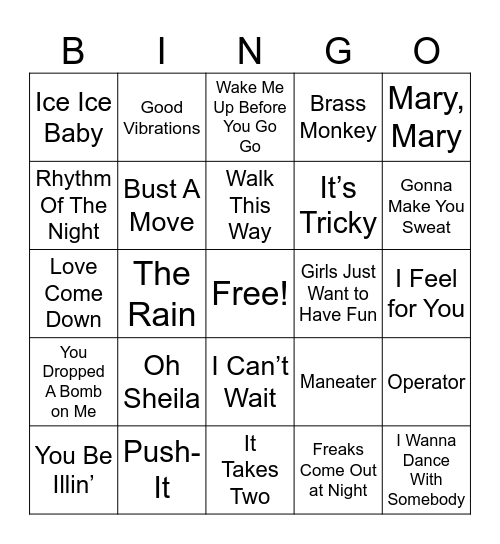 Cover-All. 80’s HipHop Bingo Card