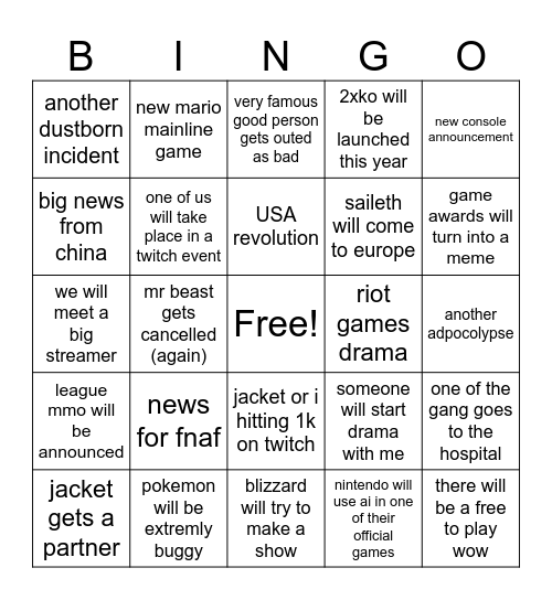 2025 Predicitons Bingo Card