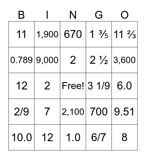 Division Practice Bingo Card