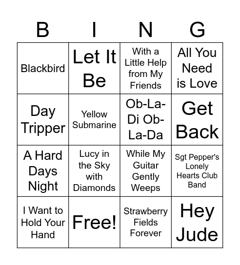 Beetles Bingo Card