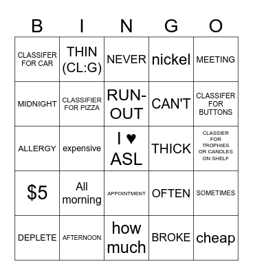 ASL 2  Bingo Card