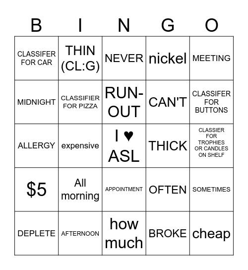 ASL 2  Bingo Card