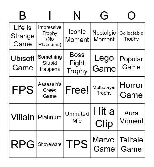 PSN Trophy Hunting BINGO Card