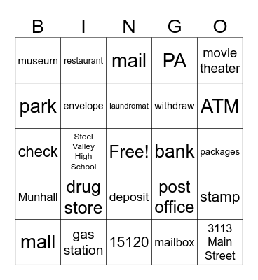 Places, Bank, Post Office Bingo Card