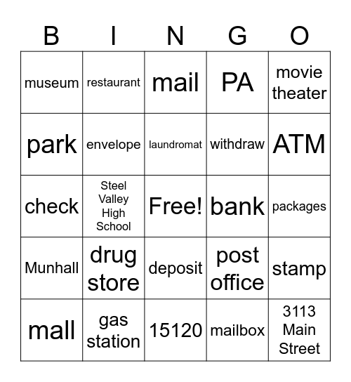 Places, Bank, Post Office Bingo Card