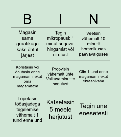 NÄDAL 2 - UNI&PUHKAMINE Bingo Card
