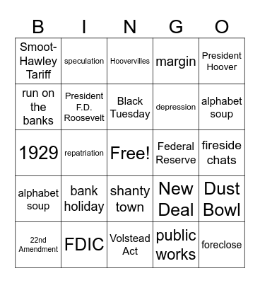 The Great Depression Bingo Card
