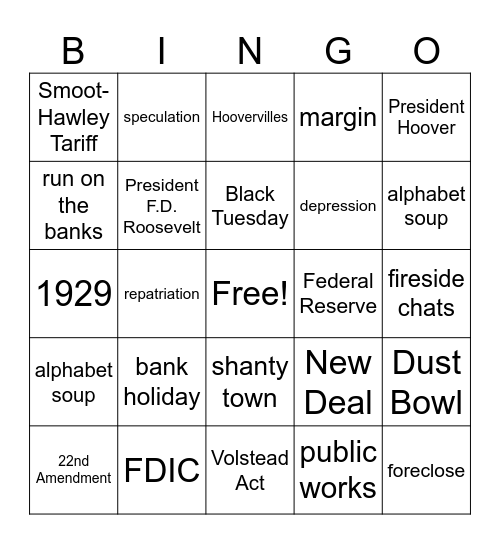 The Great Depression Bingo Card