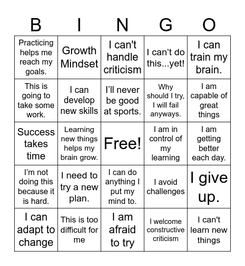 Growth Mindset Bingo Card